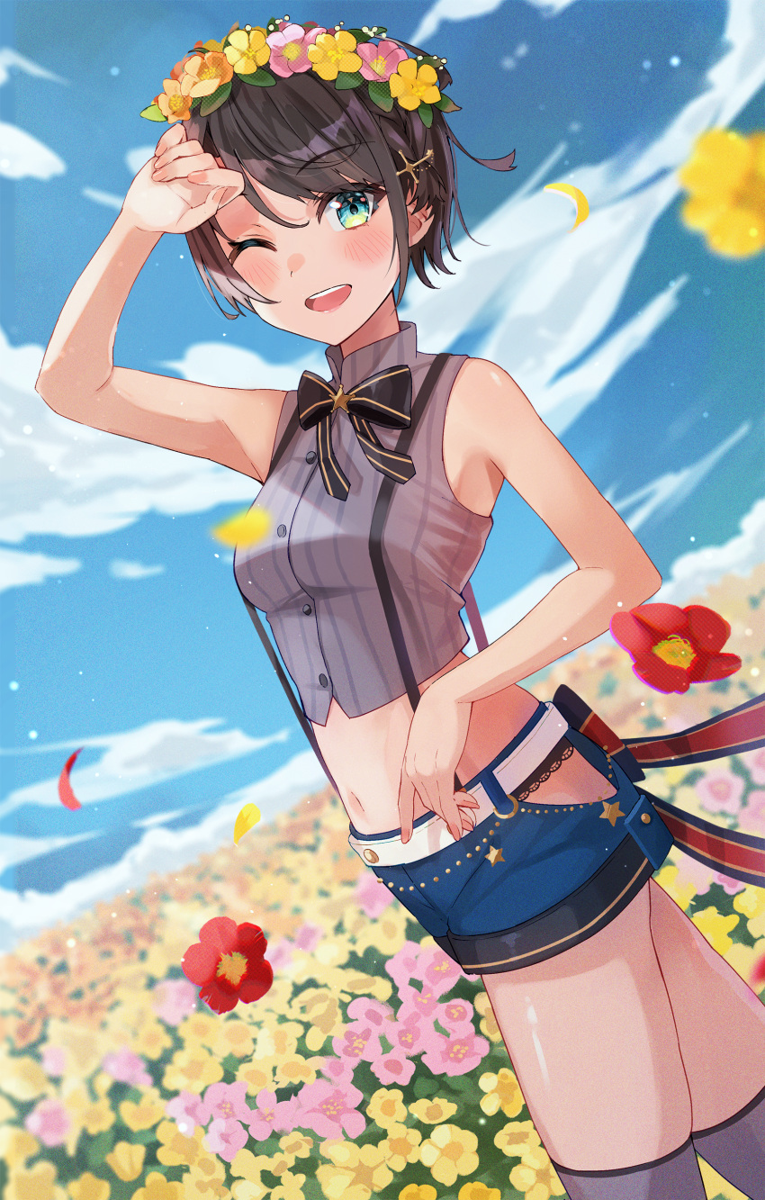 1girl absurdres black_thighhighs blue_eyes blue_shorts blue_sky blush breasts cloud cropped_shirt field flower flower_field grey_shirt haru_yu head_wreath highres hololive looking_at_viewer medium_breasts nail_polish navel official_alternate_costume one_eye_closed oozora_subaru oozora_subaru_(2nd_costume) shirt short_shorts shorts sky sleeveless sleeveless_shirt smile solo striped striped_shirt suspender_shorts suspenders teeth thighhighs upper_teeth_only vertical-striped_shirt vertical_stripes virtual_youtuber yellow_nails