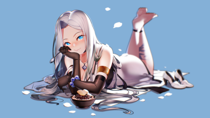 1girl armlet ass bare_shoulders barefoot bead_bracelet beads black_collar black_gloves blue_background blue_eyes blush bowl bracelet breasts cleavage closed_mouth collar dot_nose dress eating elbow_gloves eyes_visible_through_hair feet feet_up food game_cg gloves hair_over_shoulder hand_on_own_cheek hand_on_own_face head_tilt high_heels highres holding holding_spoon jewelry large_breasts light_blush long_hair looking_at_viewer lying miracle_snack_shop necklace no_pupils non-web_source nose_blush official_art on_stomach parted_bangs petals philia_salis pink_lips print_thighhighs red_bean_paste see-through_thighhighs shadow shiny_skin simple_background spoon talesshop thighhighs ukero very_long_hair white_dress white_footwear white_hair