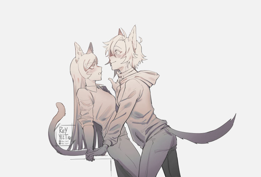 2girls absurdres animal_ears blush cat_ears cat_girl cat_tail commentary dog_ears dog_girl dog_tail grey_background greyscale highres hood hoodie kemonomimi_mode long_hair long_sleeves monochrome multiple_girls neckwear_grab open_mouth rey_yeet ruby_rose rwby shirt short_hair sleeves_rolled_up tail weiss_schnee yuri