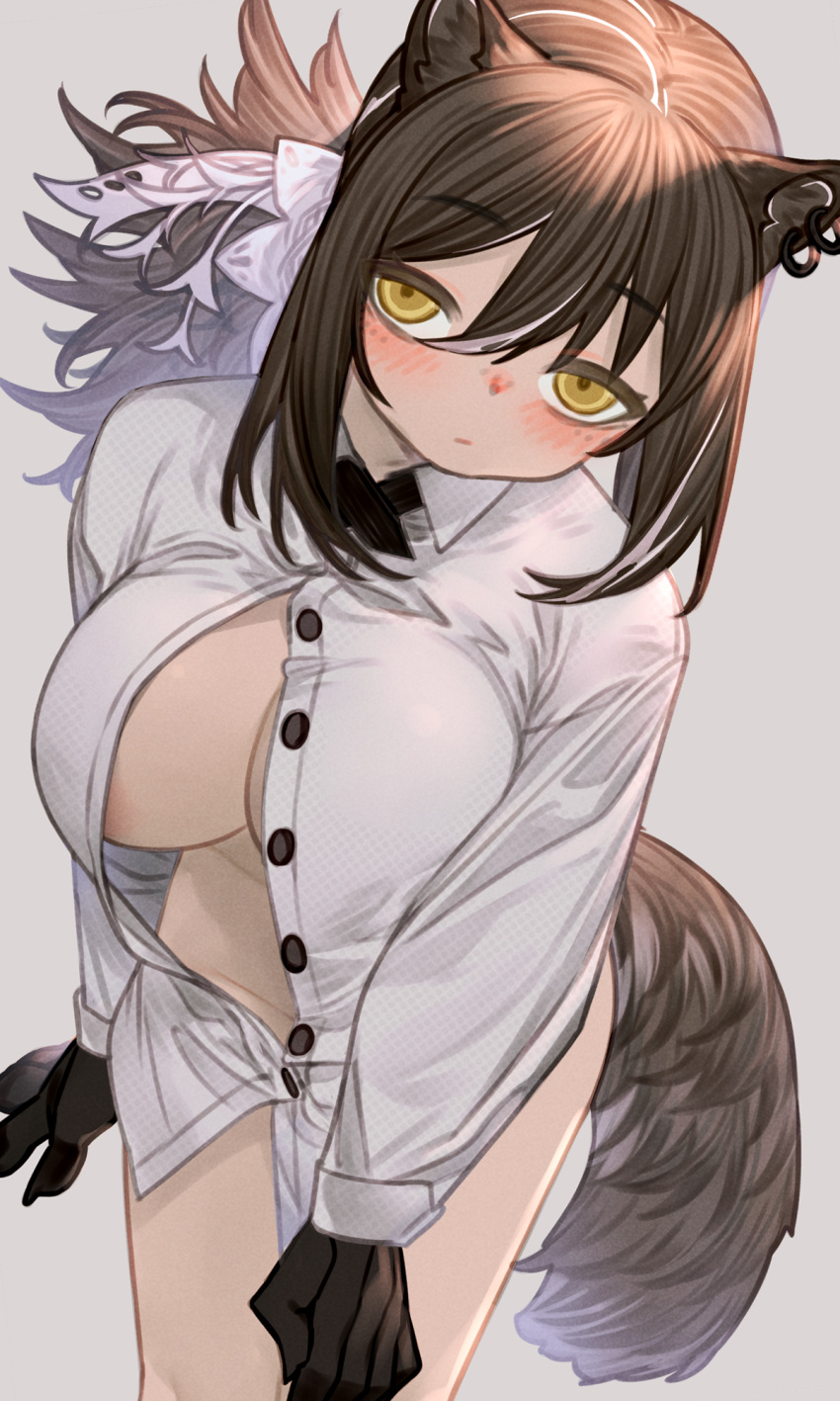 1girl animal_ear_piercing animal_ears areola_slip arknights blush breasts brown_hair buttons cleavage collared_shirt cow cross_tie dress_shirt grey_background groin hair_between_eyes highres kochiya_(gothope) large_breasts long_hair looking_at_viewer naked_shirt open_clothes open_shirt paid_reward_available ponytail raccoon_ears raccoon_girl raccoon_tail robin_(arknights) shirt simple_background solo tail yellow_eyes