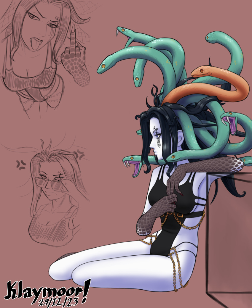 1girl absurdres alternate_costume anger_vein black_hair black_one-piece_swimsuit breasts collarbone colored_skin dated fangs highres kid_icarus kid_icarus_uprising klaymoor looking_over_eyewear medusa_(kid_icarus) middle_finger one-piece_swimsuit purple_skin sitting snake_hair sunglasses swimsuit tongue tongue_out