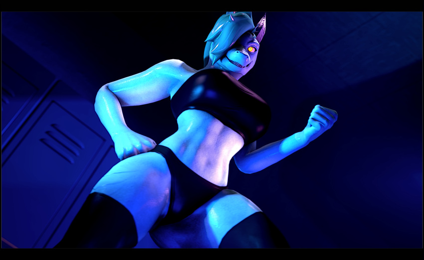 2020 3d_(artwork) anthro black_clothing black_underwear blue_body blue_hair blue_scales breasts chappey clothing digital_media_(artwork) female fist hair hi_res humanoid_hands inside locker looking_at_viewer looking_down navel portrait scales scalie short_hair smile smiling_at_viewer snout solo three-quarter_portrait underwear wall_(structure)