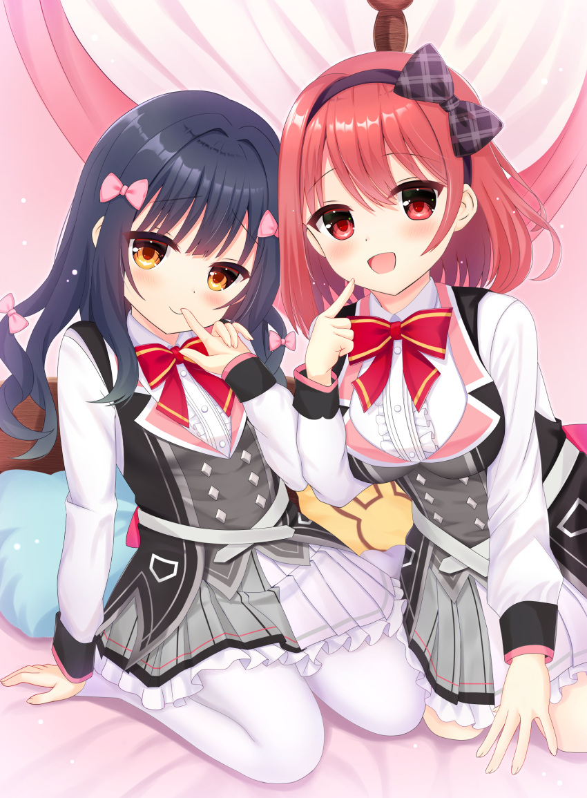 2girls :d arm_at_side arm_support black_bow black_hairband blush bow breasts brown_eyes center_frills closed_mouth commentary_request eyes_visible_through_hair feet_out_of_frame finger_to_mouth frilled_skirt frills full_body hair_between_eyes hair_bow hair_intakes hairband hamidashi_creative hand_up highres iida_iina impossible_clothes index_finger_raised kanda_kanna large_breasts long_hair long_sleeves looking_at_viewer medium_hair multiple_girls nanatsu_(na_na_tsu) open_mouth pantyhose partial_commentary pink_bow pleated_skirt red_bow red_eyes red_hair school_uniform shirt skirt small_breasts smile white_pantyhose white_shirt