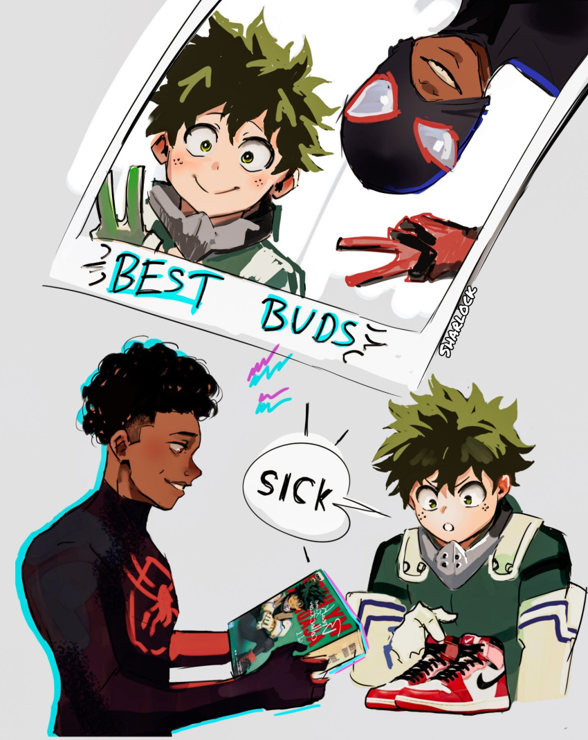 2boys afro artist_name black_hair blue_outline bodysuit boku_no_hero_academia brown_eyes crossover dark-skinned_male dark_skin elbow_gloves english_text gloves green_bodysuit green_eyes green_hair grey_background highres male_focus marvel mask mask_around_neck merchandise midoriya_izuku miles_morales multiple_boys nike_(company) outline photo_(object) sharl0ck shoes smile sneakers speech_bubble spider-man:_across_the_spider-verse spider-man_(series) spider-verse superhero upper_body upside-down v