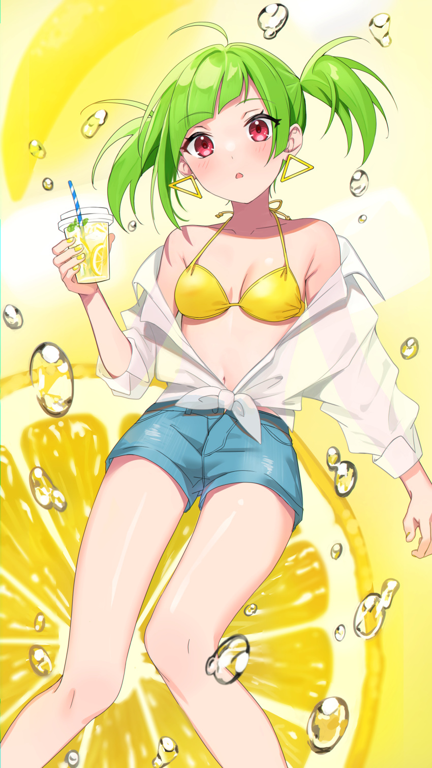 1girl absurdres asymmetrical_bangs bangs bare_shoulders bikini bikini_top breasts bubble cleavage collarbone cup delutaya denim denim_shorts drinking_straw eyebrows_visible_through_hair food front-tie_top fruit green_hair hatsuno_xxx highres holding holding_cup indie_virtual_youtuber lemon navel off_shoulder parted_lips red_eyes see-through shirt short_hair shorts small_breasts solo string_bikini swimsuit thighs tied_shirt twintails virtual_youtuber white_shirt yellow_bikini