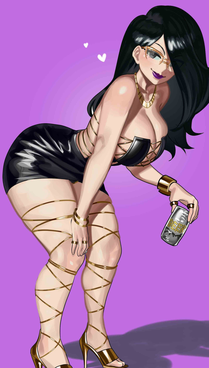 1boy absurdres black_dress black_hair bracelet breasts can cleavage commission copyright_request cross-laced_clothes dress full_body glasses hair_over_one_eye heart high_heels highres holding holding_can jewelry large_breasts long_hair necklace nia_(nia4294) purple_background ring shadow simple_background smile solo standing tight tight_dress