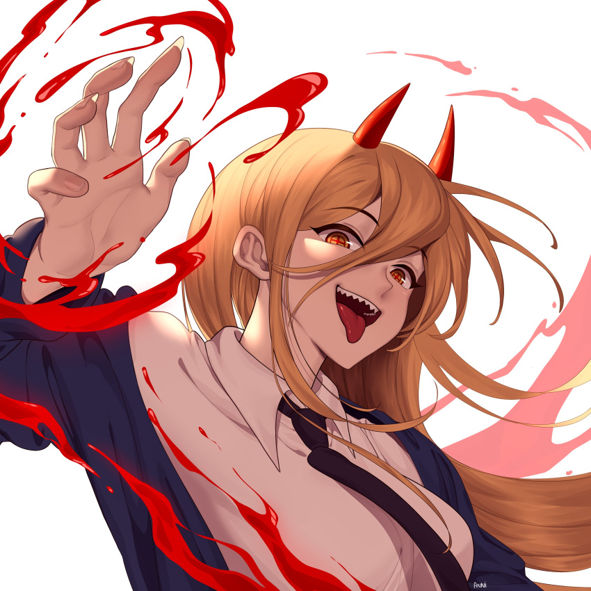 1girl absurdres annidrw black_necktie blood blue_jacket breasts chainsaw_man cross-shaped_pupils demon_horns hair_between_eyes highres horns jacket long_hair long_sleeves necktie open_mouth power_(chainsaw_man) red_horns sharp_teeth shirt smile solo symbol-shaped_pupils teeth tongue tongue_out white_shirt yellow_eyes