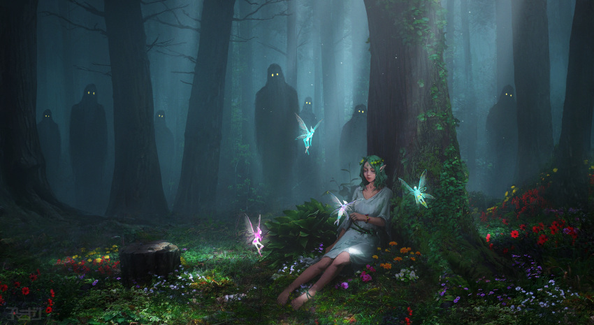 2021 amamidori ambiguous_gender barefoot blonde_hair blue_flower blue_glow character_request clothed clothed_ambiguous clothed_female clothed_human clothed_humanoid clothing dress fairy fantasy feet female flower fog forest forest_background glowing glowing_body glowing_eyes glowing_wings grass group hair hi_res human humanoid insect_wings ivy_(plant) ligth_skin mammal nature nature_background pink_glow plant poppy_(flower) purple_flower red_flower sasquatch scp-1000 scp_foundation tree tree_stump white_flower winged_humanoid wings yellow_eyes yellow_flower