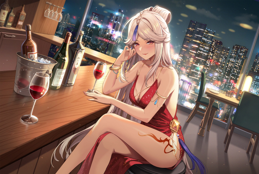 1girl alcohol armlet bare_arms bare_legs bare_shoulders blush bottle bracelet breasts bucket chair city cleavage commentary_request crossed_legs cup dress drinking_glass dutch_angle feet_out_of_frame genshin_impact hand_up highres ice ice_cube jewelry long_hair looking_at_viewer medium_breasts ningguang_(genshin_impact) no-ba red_dress red_eyes sitting sleeveless sleeveless_dress solo table thighs very_long_hair white_hair wine wine_glass