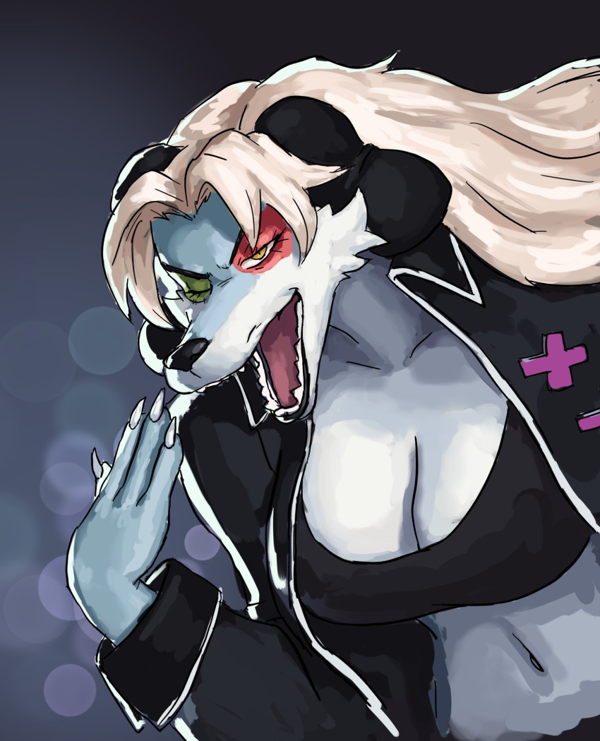 2024 4_fingers anthro big_breasts blonde_hair blue_body blue_fur breasts canid canine canis cleavage clothed clothing crop_top domestic_dog facial_tuft female fingers fur hair hi_res jacket long_hair mammal midriff nails navel one_eye_closed open_mouth redustheriotact sewn_eye sharp_nails shirt solo thana_(crispyattucks) topwear wink yellow_eyes