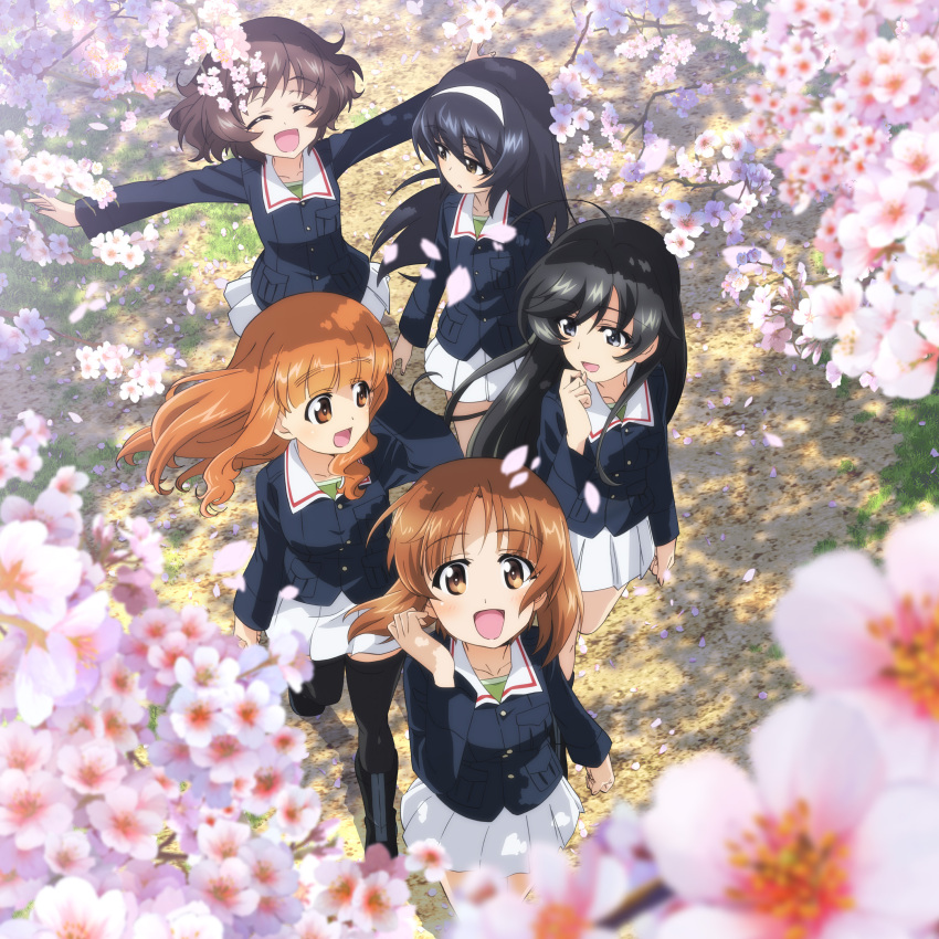 5girls absurdres akiyama_yukari artist_request black_hair blue_eyes blue_jacket brown_hair cherry_blossoms falling_petals flower from_above girls_und_panzer green_shirt hairband highres isuzu_hana jacket long_sleeves looking_at_viewer looking_up multiple_girls nishizumi_miho official_art ooarai_military_uniform orange_eyes orange_hair outstretched_arms petals pink_flower reizei_mako shirt skirt smile takebe_saori white_flower white_hairband white_skirt