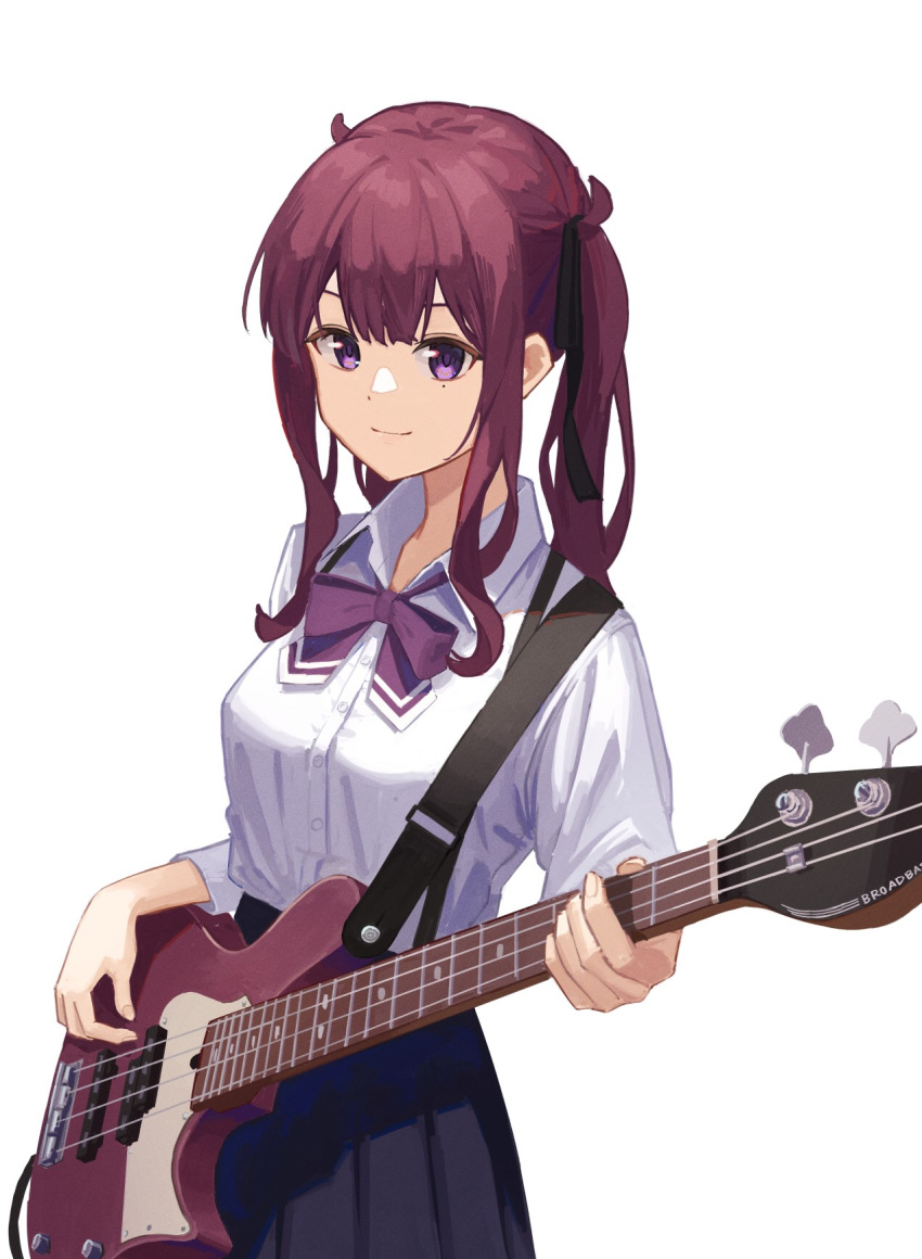 1girl bass_guitar black_ribbon black_skirt bow bowtie breasts buttons cevio closed_mouth collared_shirt cowboy_shot dot_nose foreshortening hair_ribbon highres holding holding_instrument instrument large_breasts light_smile long_hair looking_at_viewer minatsuki_(m1natsuk1) mole mole_under_eye natsuki_karin pleated_skirt purple_bow purple_bowtie purple_eyes purple_hair ribbon school_uniform shirt sidelocks simple_background skirt solo strap synthesizer_v white_background white_shirt