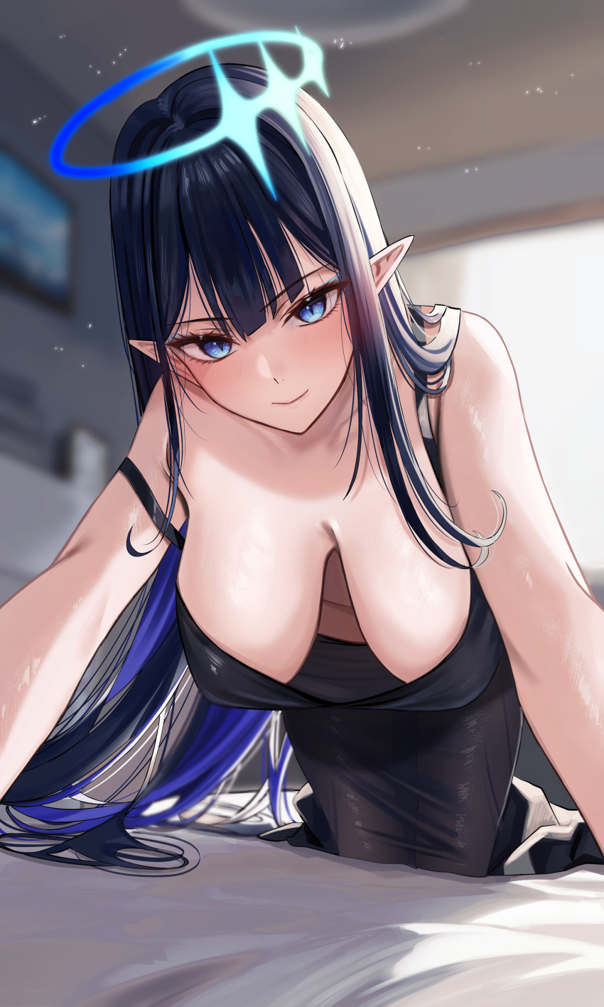1girl absurdres all_fours black_dress black_hair blue_archive blue_eyes blue_halo blush breasts closed_mouth dress halo highres indoors large_breasts long_hair looking_at_viewer nicky_w no_eyewear pointy_ears rin_(blue_archive) sidelocks smile solo