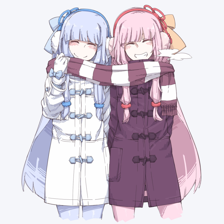 2girls alternate_costume arms_behind_back blue_bow blue_hair blue_leggings blue_ribbon blush bow breath closed_eyes closed_mouth coat commentary_request earmuffs facing_viewer fur-trimmed_gloves fur_trim glove_bow gloves grey_background grin hair_ribbon highres kotonoha_akane kotonoha_aoi leggings long_hair low-tied_sidelocks mochi_(mochi444420) multiple_girls pink_hair pink_leggings purple_coat ribbon scarf shared_clothes shared_scarf siblings side-by-side sidelocks simple_background sisters smile striped_clothes striped_scarf voiceroid white_coat white_gloves winter_clothes yellow_ribbon