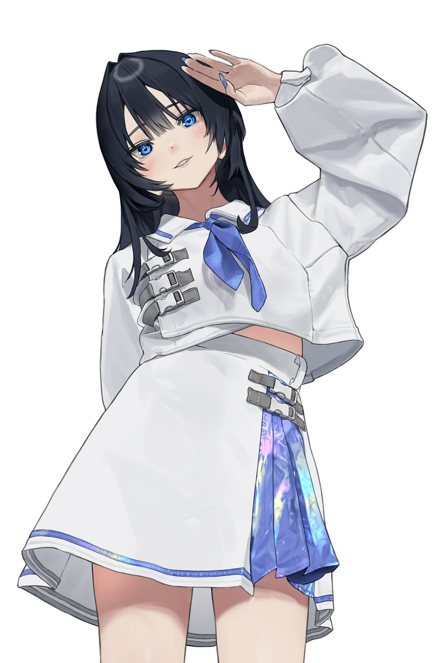 1girl black_hair blue_eyes blue_nails blue_skirt commentary_request fingernails from_below hair_intakes highres isshiki_seiran_(mashiro_kta) lips long_fingernails long_hair long_sleeves looking_at_viewer mashiro_kta midriff_peek multicolored_clothes multicolored_skirt nail_polish original puffy_long_sleeves puffy_sleeves salute shirt simple_background skirt smile solo white_background white_shirt white_skirt