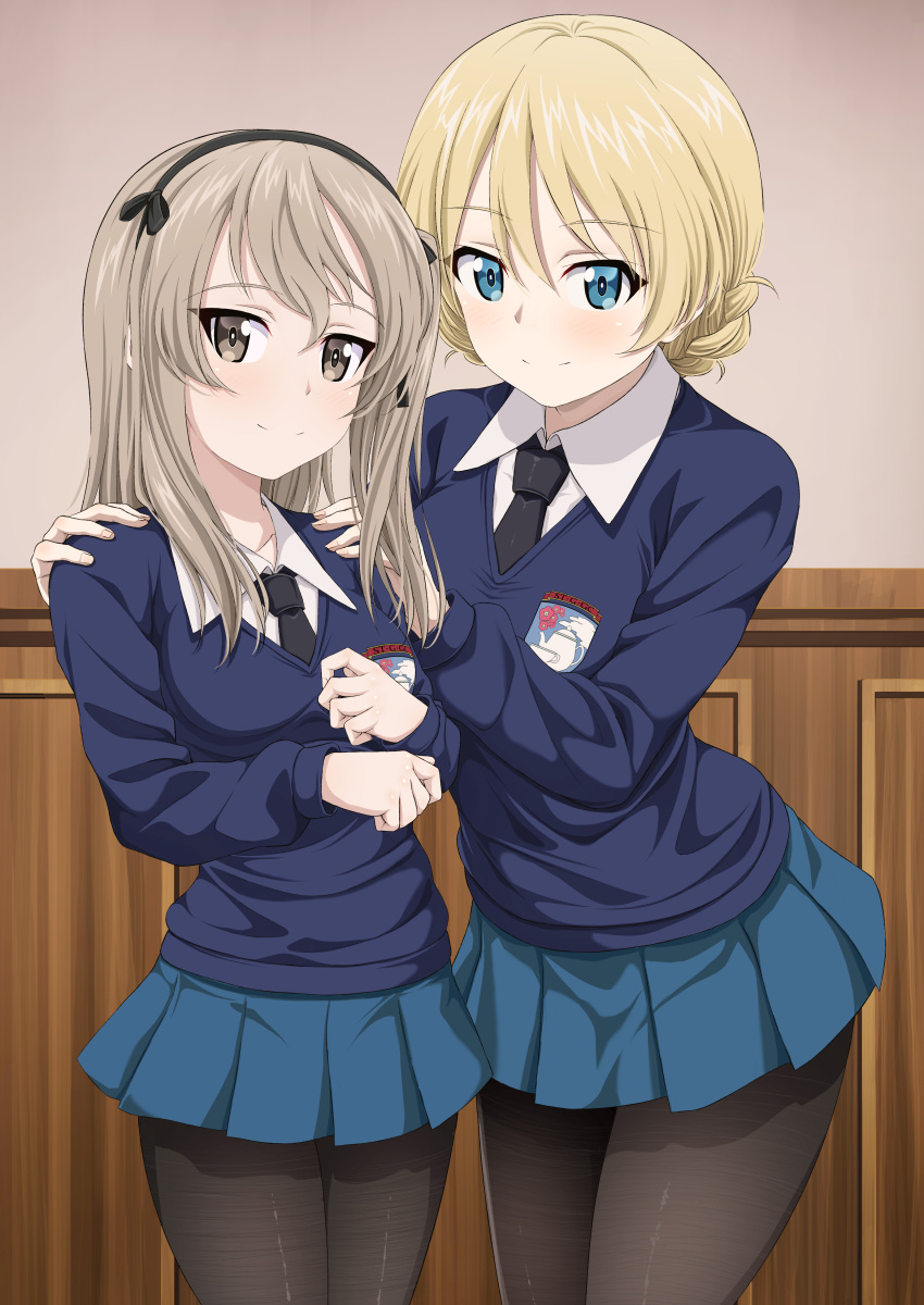 1girl 2girls absurdres assam_(girls_und_panzer) black_necktie black_pantyhose black_ribbon blonde_hair blue_eyes blue_skirt blue_sweater braid brown_eyes closed_mouth commentary_request darjeeling_(girls_und_panzer) dress_shirt emblem girls_und_panzer hair_ribbon hands_on_another's_shoulders highres indoors inoshira light_brown_hair long_hair long_sleeves looking_at_viewer miniskirt multiple_girls necktie one_side_up pantyhose partial_commentary pleated_skirt ribbon school_uniform shimada_arisu shirt short_hair side-by-side skirt smile solo spoilers st._gloriana's_(emblem) st._gloriana's_school_uniform standing sweater twin_braids v-neck white_shirt wing_collar
