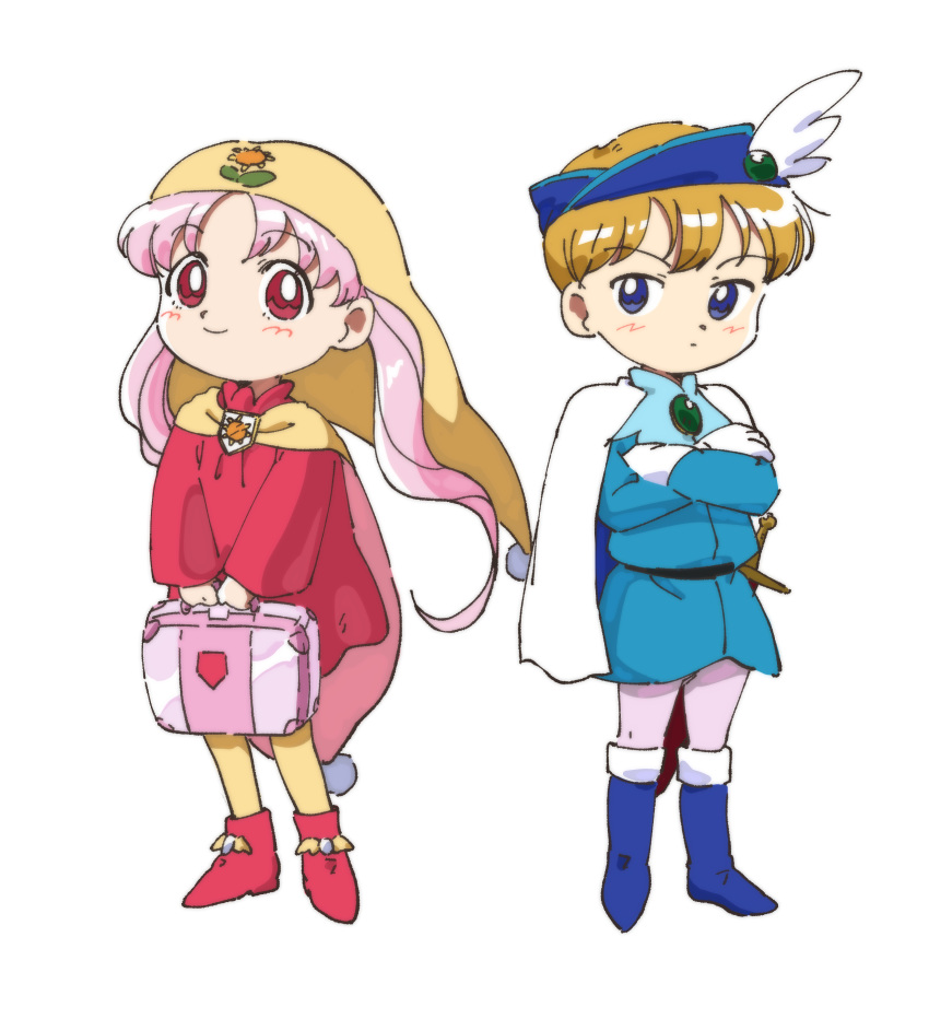 1boy 1girl absurdres blonde_hair blush boots cape commentary_request dress hat highres holding holding_suitcase hosiman jester_cap long_hair magical_girl pantyhose pink_hair prince_cloud princess_silver red_eyes red_robe robe smile suitcase twintails white_background yellow_cape yellow_headwear yellow_pantyhose yume_no_crayon_oukoku