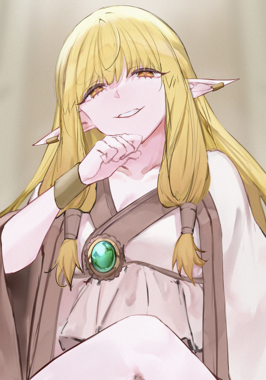 1girl absurdres blonde_hair breasts brown_background cleavage collarbone commentary ear_bar ear_piercing elf gem green_gemstone hair_tubes hand_up highres long_hair looking_at_viewer mile_(off8mile) piercing pointy_ears serie_(sousou_no_frieren) shirt smile solo sousou_no_frieren upper_body white_shirt yellow_eyes