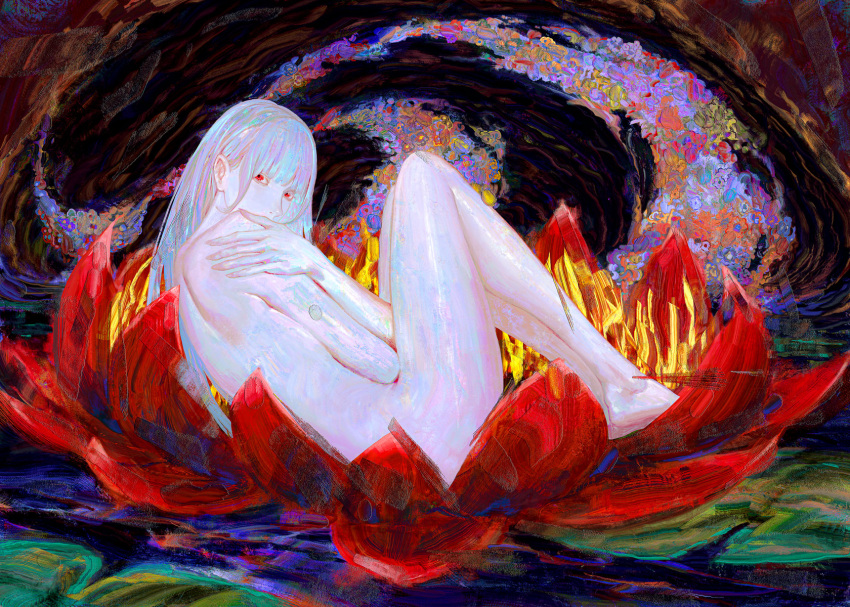 1girl completely_nude flower flowersbloodart hand_on_own_shoulder highres long_hair looking_at_viewer lotus lying multicolored_hair nude original pale_skin rainbow_hair red_eyes solo surreal