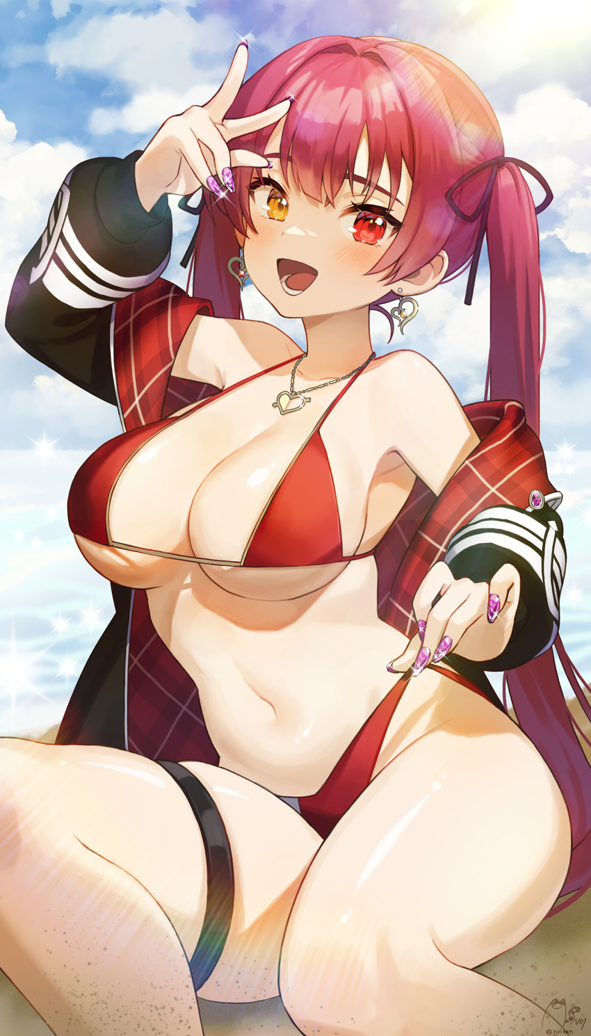 1girl absurdres arrow_through_heart bangs beach bikini bikini_lift black_jacket black_ribbon blush breasts cleavage clothes_lift earrings fingernails hair_ribbon hand_up heart heart_earrings heart_necklace heterochromia highres hololive houshou_marine jacket jewelry large_breasts long_hair nail_polish navel noixen off_shoulder official_alternate_costume open_clothes open_jacket open_mouth pink_nails plaid red_bikini red_eyes red_hair ribbon sand signature sitting skindentation smile solo strap_lift sunlight swimsuit thighs twintails very_long_hair virtual_youtuber w yellow_eyes