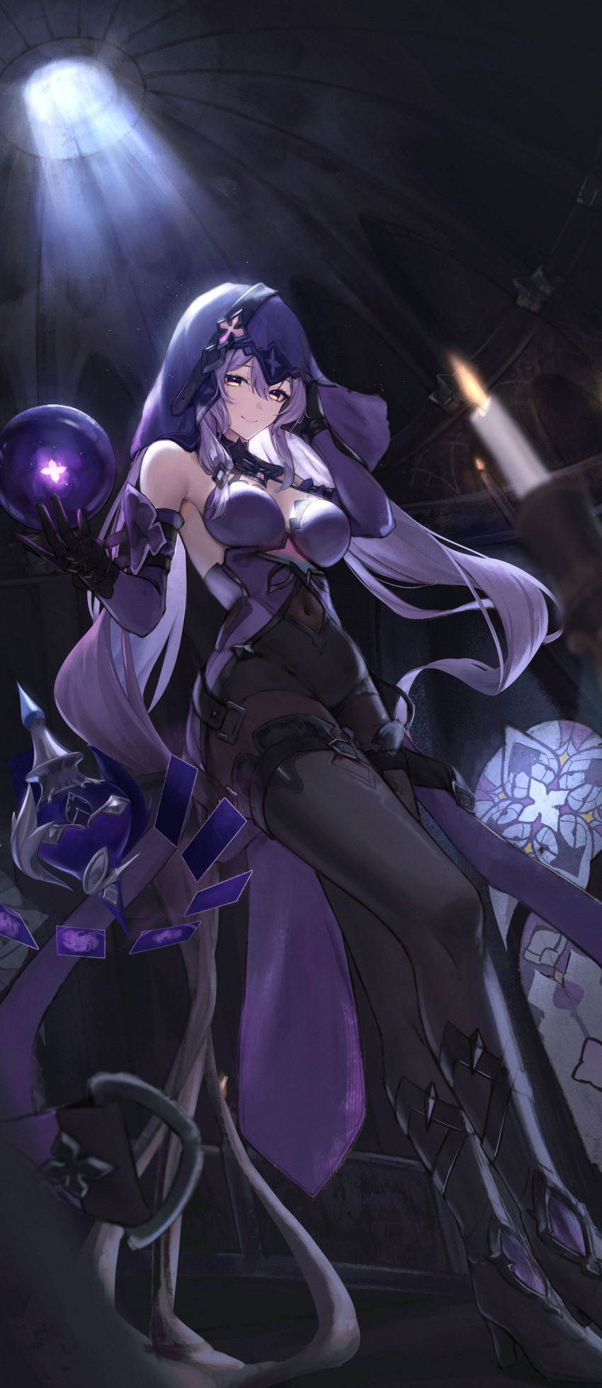 1girl absurdres bakemonsou bare_shoulders black_footwear black_swan_(honkai:_star_rail) boots breasts closed_mouth covered_navel gloves high_heel_boots high_heels highres honkai:_star_rail honkai_(series) large_breasts long_hair looking_at_viewer purple_gloves purple_hair purple_headwear smile solo standing thigh_boots thighs yellow_eyes