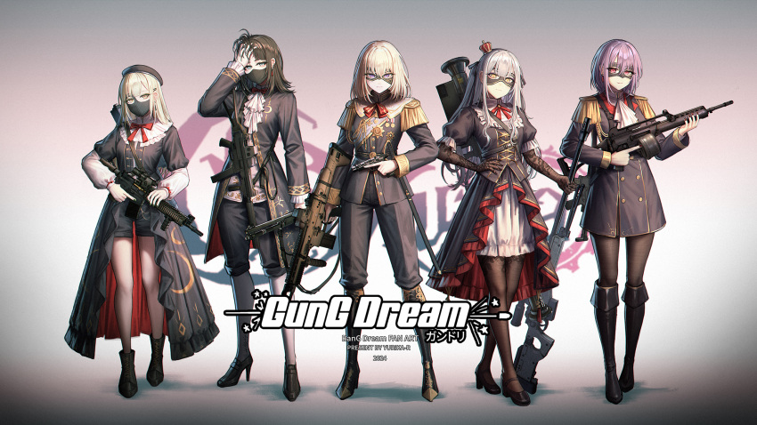 5girls arm_up ave_mujica_(bang_dream!) bang_dream! bang_dream!_it's_mygo!!!!! beret black_dress black_footwear black_hair black_headwear black_jacket black_pants black_shorts blonde_hair boots brown_pantyhose character_request check_character closed_mouth commentary_request cross-laced_footwear crown dress epaulettes eye_mask gloves green_eyes grey_background grey_hair gun hair_between_eyes hair_ornament hairclip hand_on_own_face handgun hat high_heel_boots high_heels highres holding holding_gun holding_weapon jacket knee_boots lace-up_boots loafers long_hair long_sleeves mini_crown misumi_uika multiple_girls pants pantyhose pantyhose_under_shorts pink_hair purple_eyes red_eyes shoes short_shorts shorts smile tilted_headwear togawa_sakiko very_long_hair wakaba_mutsumi weapon weapon_request white_dress white_gloves yahata_umiri yellow_eyes yurichtofen yuutenji_nyamu