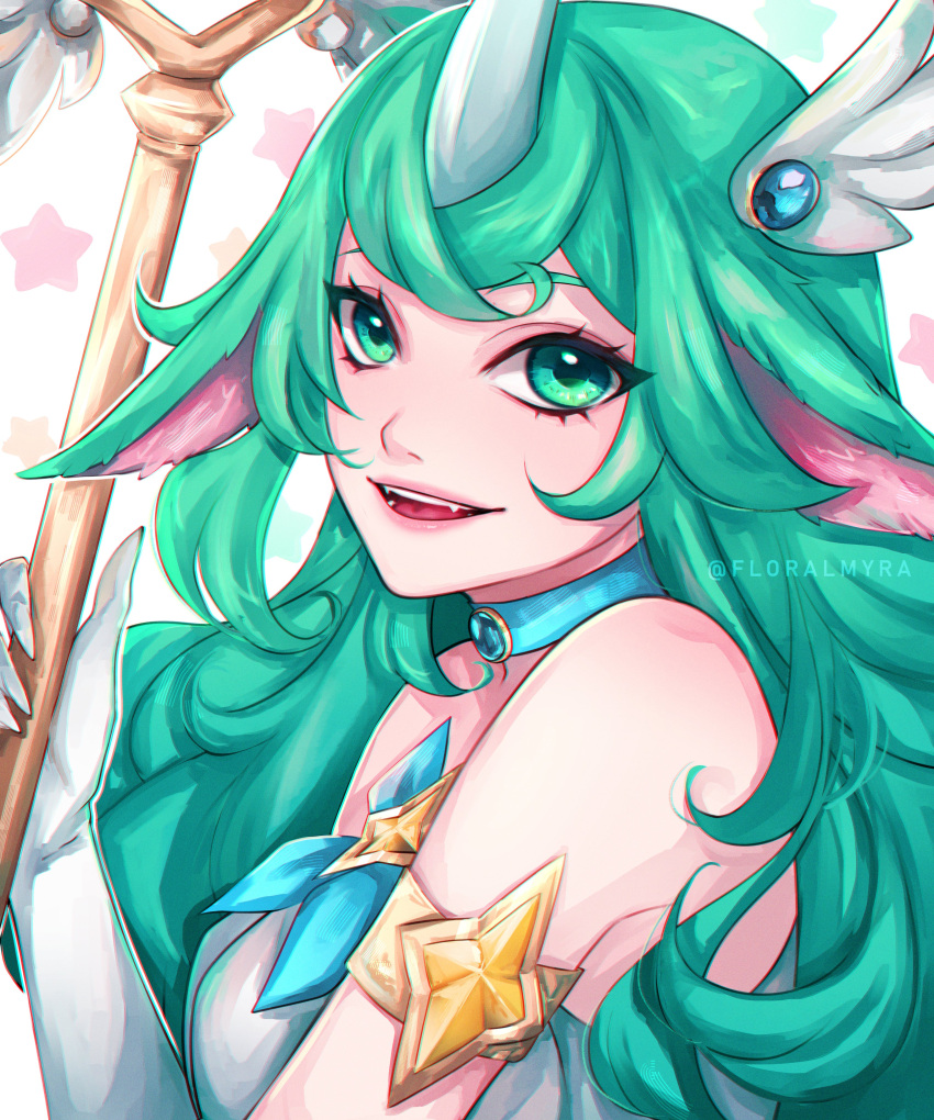 1girl :d absurdres armlet artist_name bare_shoulders fangs gloves green_eyes green_hair highres holding holding_staff horns league_of_legends long_hair myra_(floralmyra) open_mouth single_horn smile solo soraka_(league_of_legends) staff star_(symbol) star_guardian_soraka upper_body watermark white_background white_gloves