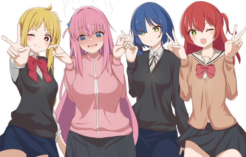4girls ;) ;d @_@ ahoge arm_at_side black_ribbon black_sweater blonde_hair blue_eyes blue_hair blunt_ends blush bocchi_the_rock! bow bright_pupils brown_cardigan cardigan closed_mouth collared_shirt commentary_request cowboy_shot cube_hair_ornament double_v embarrassed expressionless full-face_blush gotoh_hitori green_eyes grey_sailor_collar hair_ornament hairclip hands_up happy hatenamaru highres ijichi_nijika jacket kita_ikuyo long_hair long_sleeves looking_at_viewer multiple_girls neck_ribbon one_eye_closed one_side_up open_mouth outstretched_arm pink_jacket red_bow red_eyes red_hair ribbon sailor_collar school_uniform shirt short_hair side-by-side side_ponytail sidelocks smile split_mouth steam sweat sweater track_jacket v v-shaped_eyebrows very_long_hair white_pupils white_shirt yamada_ryo yellow_eyes