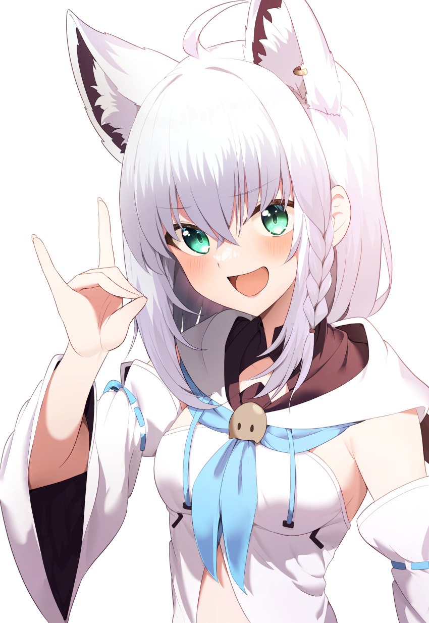 1girl :d absurdres ahoge animal_ear_fluff animal_ears aoto_mei aqua_eyes blue_neckerchief blush braid breasts detached_sleeves earrings extra_ears fox_ears fox_girl fox_shadow_puppet hair_between_eyes hand_up highres hololive hood hoodie jewelry long_hair long_sleeves looking_at_viewer medium_breasts midriff_peek neckerchief shirakami_fubuki shirakami_fubuki_(1st_costume) side_braid sidelocks simple_background single_earring smile solo upper_body virtual_youtuber white_background white_hoodie white_sleeves wide_sleeves