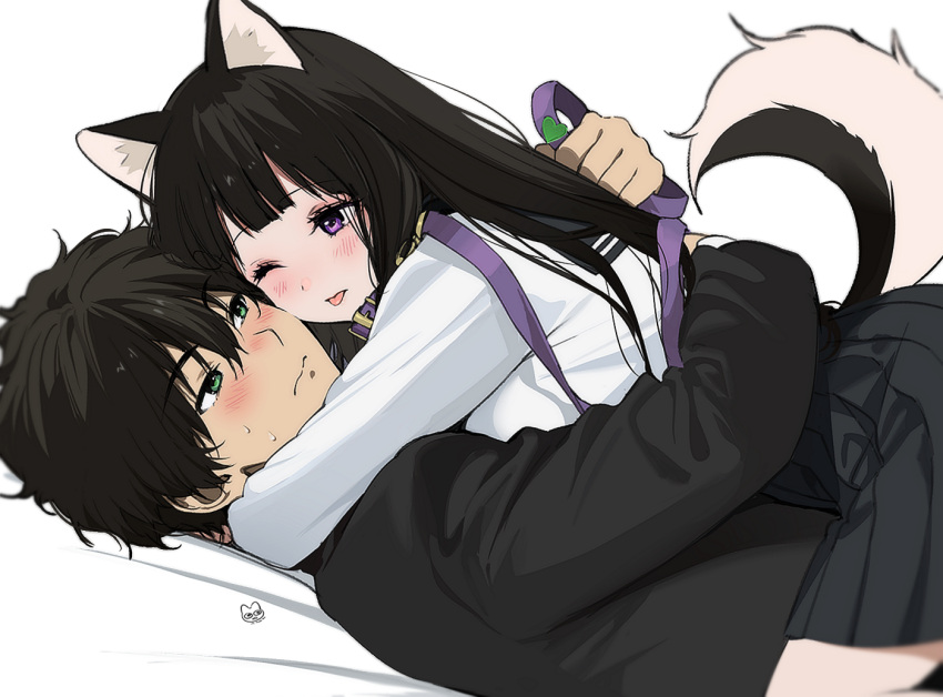 1boy 1girl ;p animal_ears artist_logo black_hair black_jacket black_skirt blush breasts cat_tail chitanda_eru closed_mouth dog_ears eye_contact from_side gakuran girl_on_top green_eyes heart holding holding_leash hyouka jacket large_breasts leash long_hair looking_at_another lying lying_on_person mery_(yangmalgage) one_eye_closed oreki_houtarou purple_eyes school_uniform serafuku shirt short_hair skirt sweat tail tongue tongue_out white_shirt