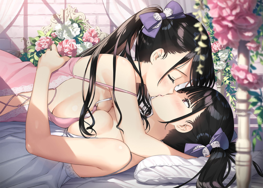 2girls bare_arms bare_shoulders black_hair blurry blurry_foreground blush bow breast_press breasts brown_eyes chemise closed_eyes depth_of_field flower hair_bow highres hug indoors kantoku kiss lace_trim large_breasts lingerie long_hair looking_at_another lying lying_on_person medium_breasts multiple_girls on_back on_bed on_stomach original pink_flower profile purple_bow sideboob sunlight symmetrical_docking twintails underwear underwear_only upper_body white_flower yuri