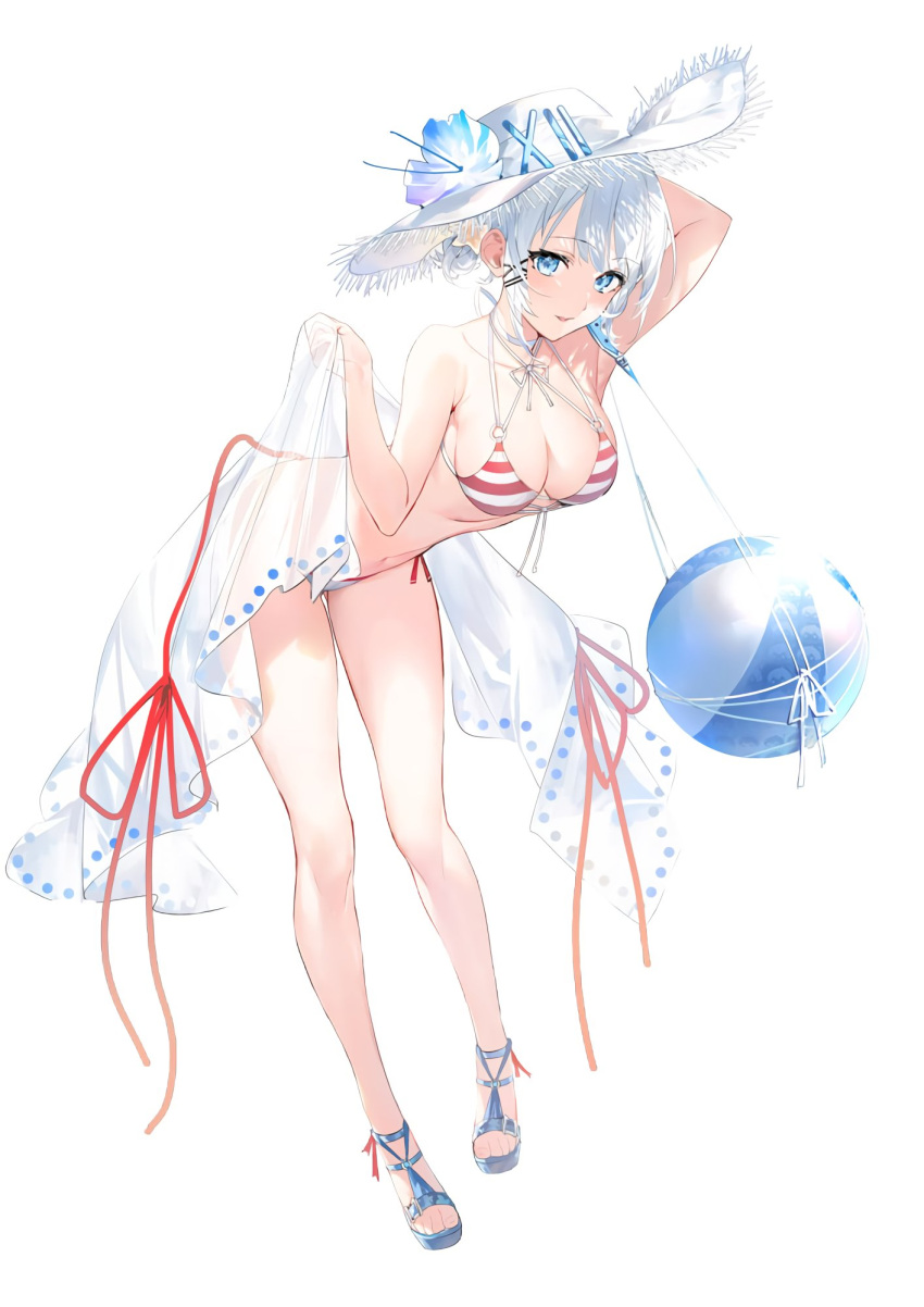 1girl arm_behind_head arm_up bad_link ball bangs beachball bikini blue_eyes breasts eyebrows_visible_through_hair flower hair_ornament hat highres holding holding_clothes holding_shirt large_breasts looking_at_viewer official_art ribbon sandals sarong shirt short_hair siesta_(tantei_wa_mou_shindeiru) simple_background solo straw_hat striped striped_bikini swimsuit tantei_wa_mou_shindeiru translucent_sarong umibouzu_(niito) white_background white_hair white_headwear white_shirt x_hair_ornament