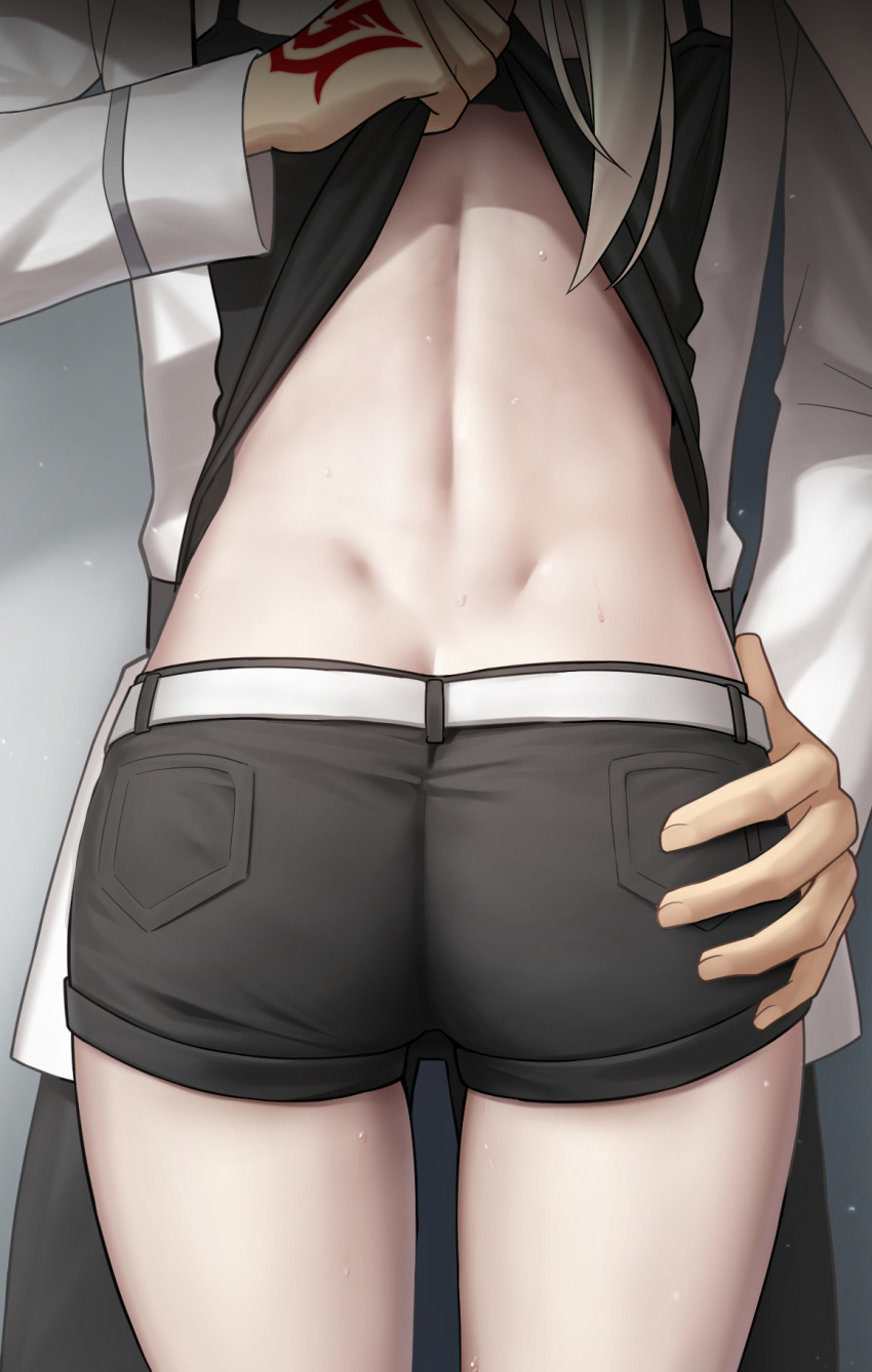 1boy 1girl artoria_pendragon_(fate) ass back back_focus belt besmiled black_camisole black_pants black_shorts brown_hair camisole camisole_lift command_spell commentary_request dimples_of_venus fate/grand_order fate_(series) fujimaru_ritsuka_(male) hand_on_another's_ass highres jacket long_hair pants saber_alter short_shorts shorts solo_focus sweat white_belt white_jacket