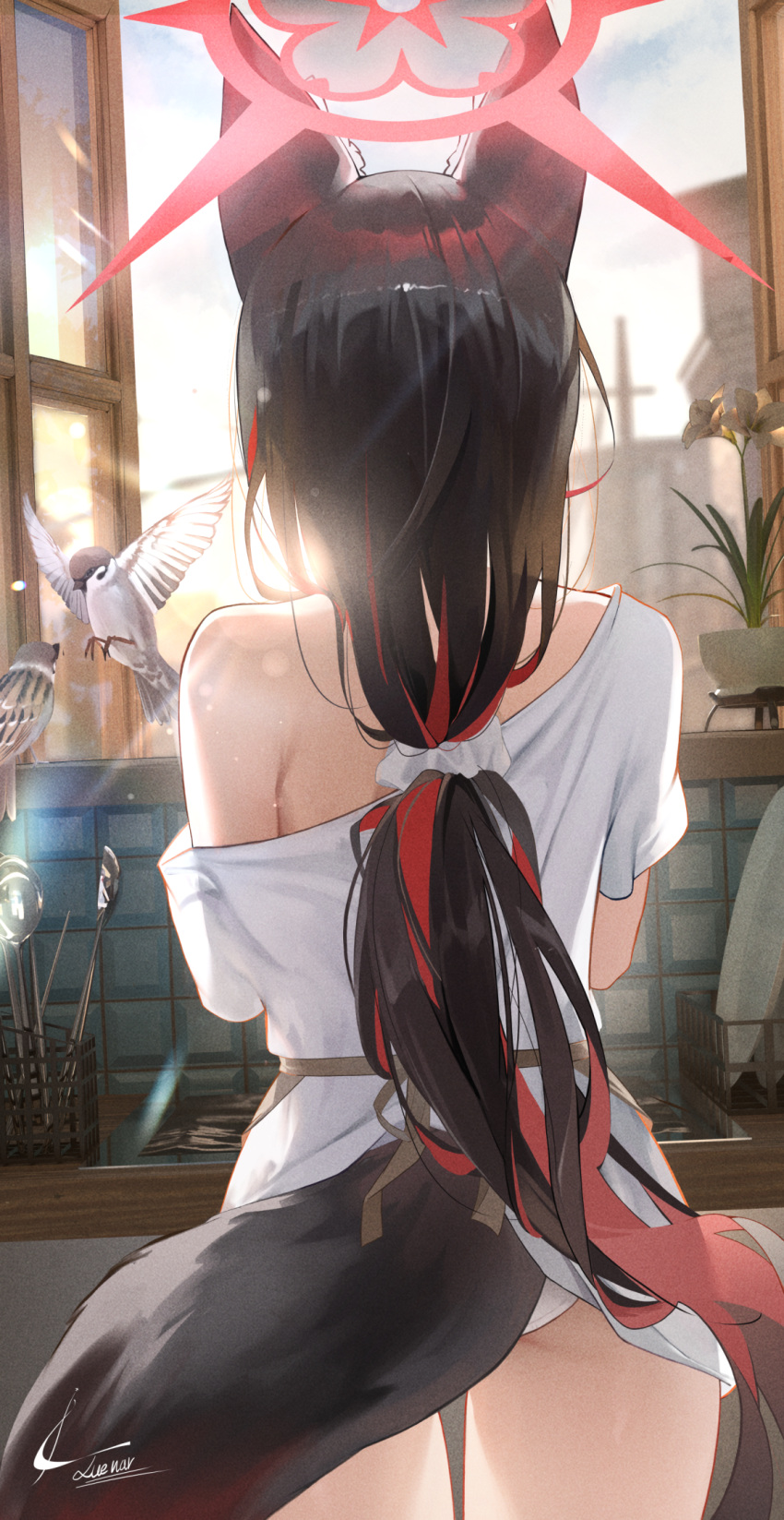 1girl animal animal_ears bird black_hair blue_archive cowboy_shot fox_ears fox_tail from_behind halo highres long_hair luenar panties red_halo shirt short_sleeves signature solo tail underwear wakamo_(blue_archive) white_panties white_shirt