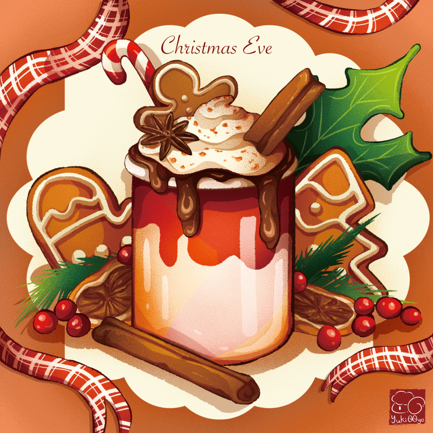 artist_name berry candy candy_cane chocolate christmas cinnamon_stick cream cup food food_focus gingerbread_cookie highres hot_chocolate leaf no_humans original plaid plaid_ribbon ribbon star_anise_(spice) yuki00yo