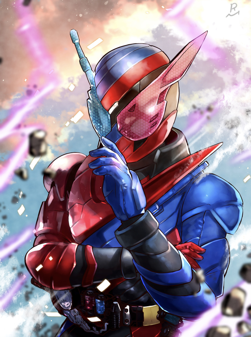 1boy absurdres cloud debris energy highres kamen_rider kamen_rider_build kamen_rider_build_(series) male_focus murasaki_no_ryuuki rider_belt signature solo upper_body