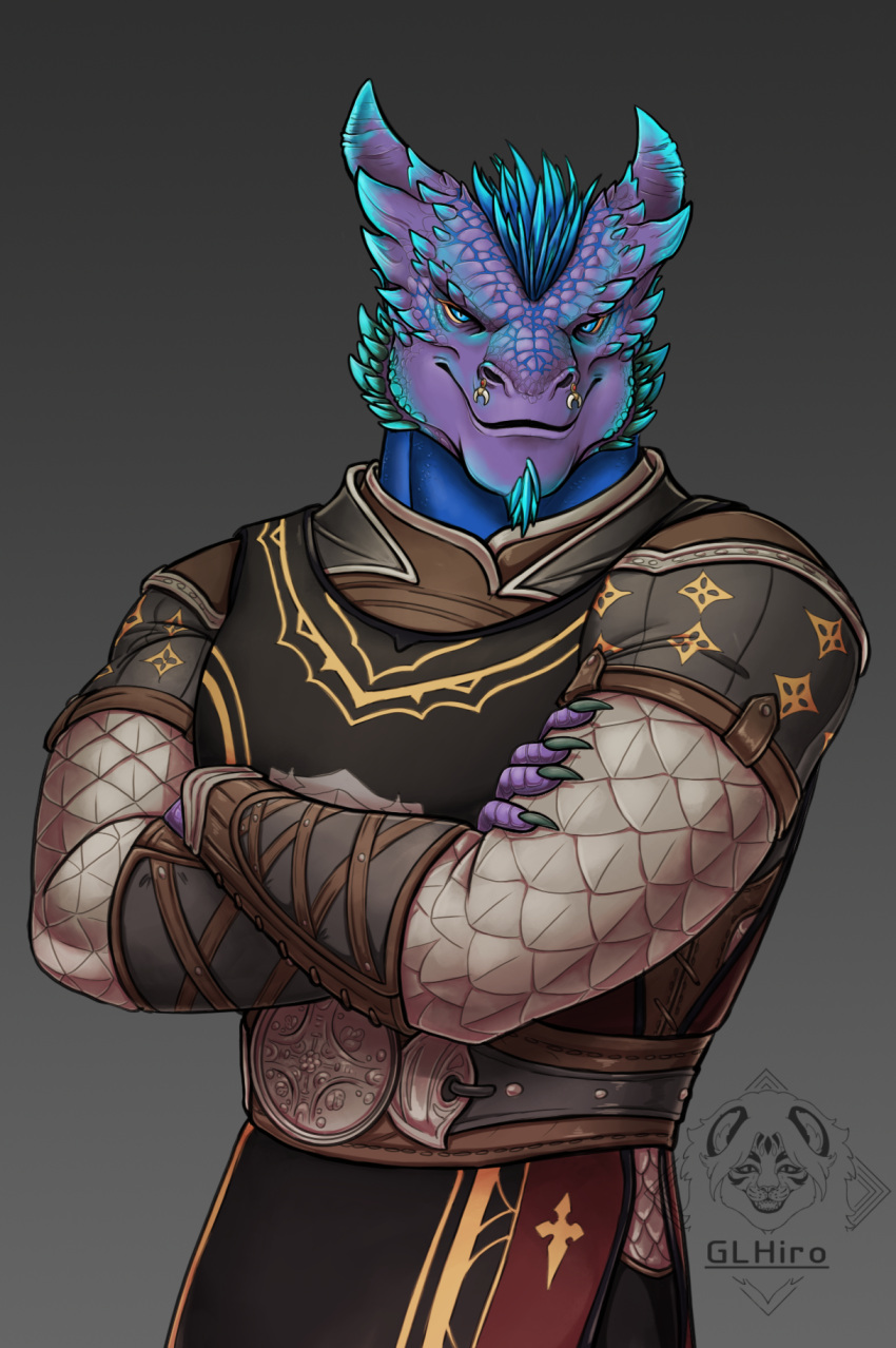 anthro armor baldur's_gate baldur's_gate_3 belt blue_body blue_eyes blue_scales bracers cheek_spikes chin_spikes claws clothed clothing crossed_arms dragonborn_(dnd) dungeons_and_dragons eyebrow_spikes eyeliner facial_piercing facial_spikes glhiro hasbro head_spines hi_res horn looking_at_viewer makeup male nose_piercing nose_ring piercing pupils purple_body purple_scales ring_piercing scale_armor scales scalie slit_pupils smile solo spikes spikes_(anatomy) standing tabard waist_up wizards_of_the_coast
