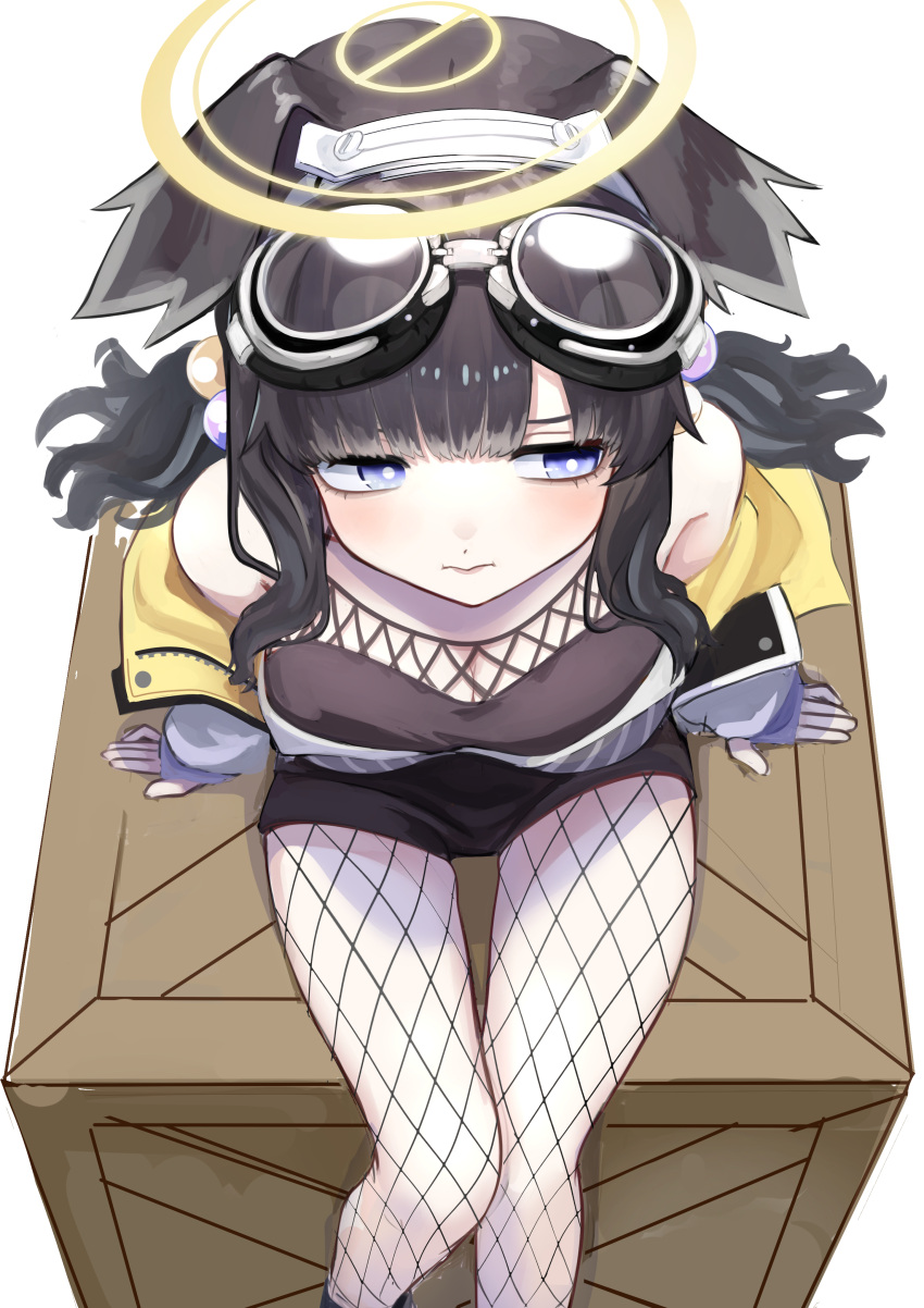 1girl absurdres animal_ears arm_support bare_shoulders black_hair black_shirt black_shorts blue_archive blush bright_pupils closed_mouth commentary_request dog_ears dog_girl fishnet_pantyhose fishnets from_above goggles goggles_on_head halo hibiki_(blue_archive) highres jacket looking_to_the_side low_twintails off_shoulder paipukoron417 pantyhose purple_eyes shirt shorts simple_background sitting sitting_on_object sleeveless sleeveless_shirt solo twintails white_background white_jacket white_pupils yellow_halo