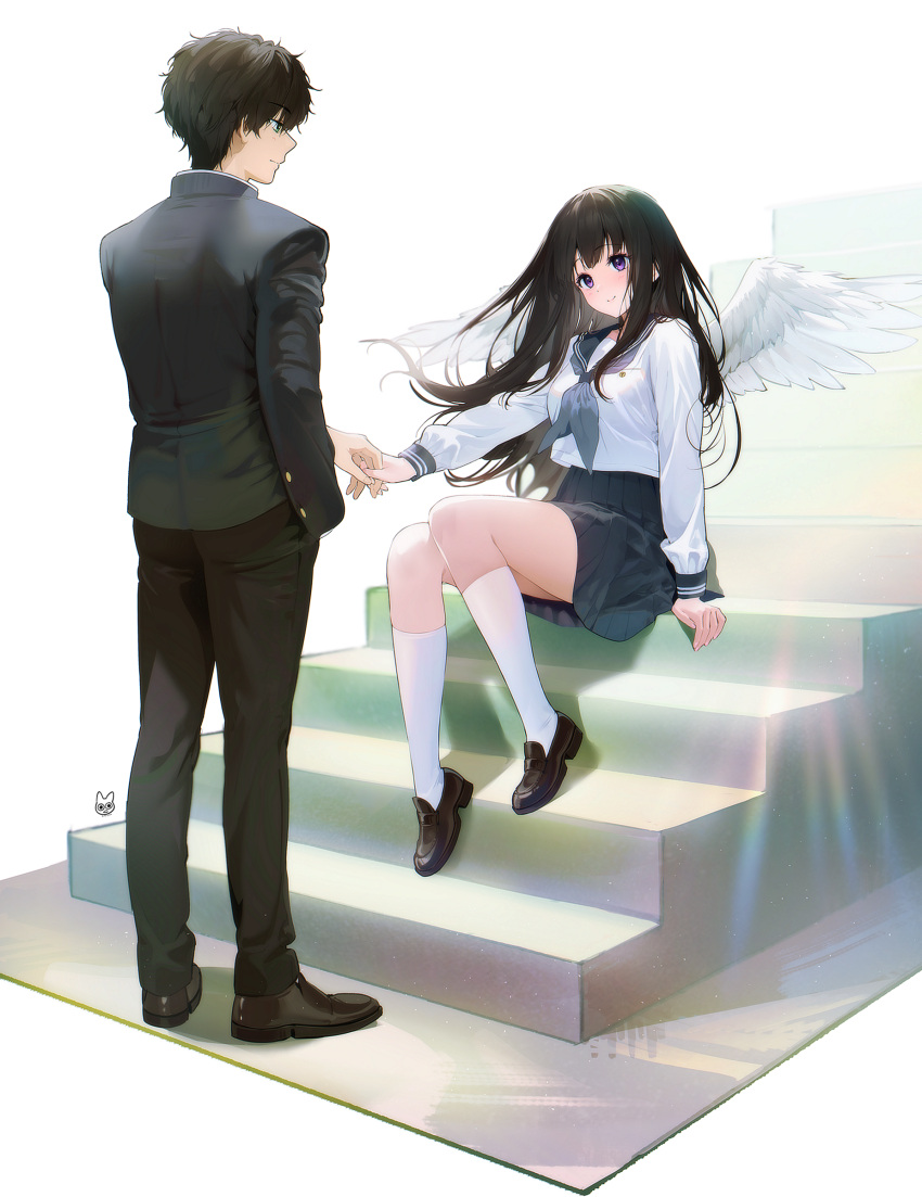 1boy 1girl absurdres arm_support black_hair black_jacket black_pants blue_skirt blush breasts brown_footwear chitanda_eru facing_another feathered_wings floating_hair full_body gakuran green_neckerchief hetero highres holding_hands hyouka jacket kneehighs long_hair long_sleeves medium_breasts mery_(yangmalgage) neckerchief oreki_houtarou pants pleated_skirt purple_eyes school_uniform serafuku shirt simple_background sitting sitting_on_stairs skirt smile socks stairs very_long_hair white_background white_shirt white_socks white_wings wings