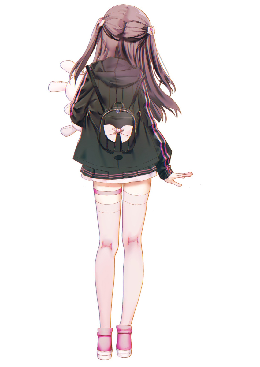 1girl arm_at_side backpack bag black_bag black_jacket black_skirt bow brown_hair commentary from_behind full_body hair_bow highres holding holding_stuffed_toy hood hood_down hooded_jacket jacket jirai_kei long_hair miniskirt natsuoto_rito original pink_footwear pleated_skirt purple_thighhighs simple_background skirt sleeves_past_wrists standing stuffed_animal stuffed_rabbit stuffed_toy tachi-e thighhighs two_side_up white_background white_bow zettai_ryouiki