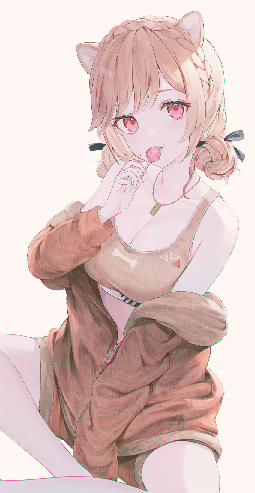1girl absurdres animal_ears black_bow bow braid breasts brown_jacket brown_shorts brown_tank_top candy cleavage collarbone crop_top double_bun eating food french_braid furen_e_lustario furen_e_lustario_(5th_costume) hair_bow hair_bun highres holding holding_candy holding_food holding_lollipop jacket jewelry large_breasts lollipop looking_at_viewer nakashima_(pluscolor) necklace nijisanji off_shoulder official_alternate_costume official_alternate_hairstyle partially_unzipped red_eyes shorts sidelocks simple_background sitting solo swept_bangs tank_top virtual_youtuber white_background