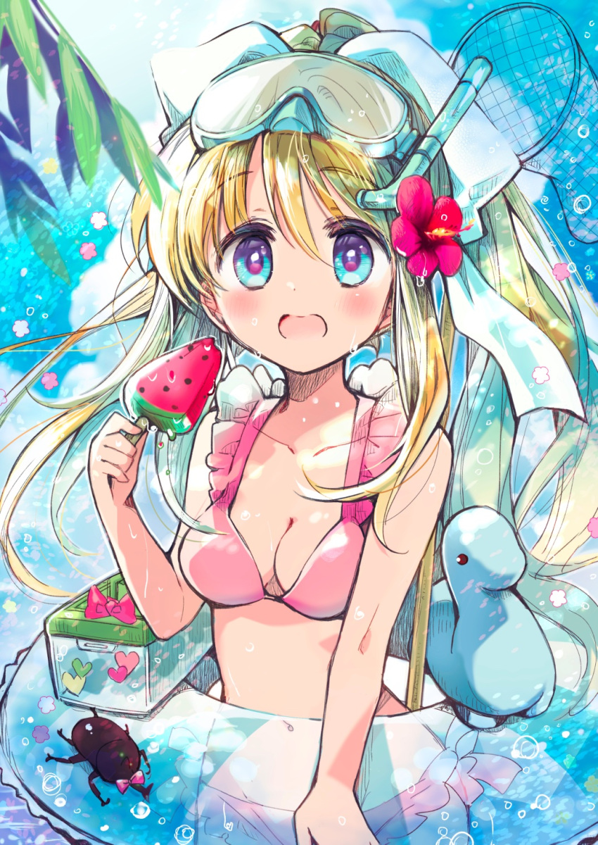 1girl air beetle bikini blonde_hair blue_eyes box breasts bug butterfly_net cleavage commentary_request dinosaur diving_mask diving_mask_on_head food frilled_bikini frills goggles goggles_on_head hand_net highres innertube insect izumi_rei kamio_misuzu medium_breasts open_mouth pink_bikini ponytail popsicle snorkel solo swimsuit watermelon_bar