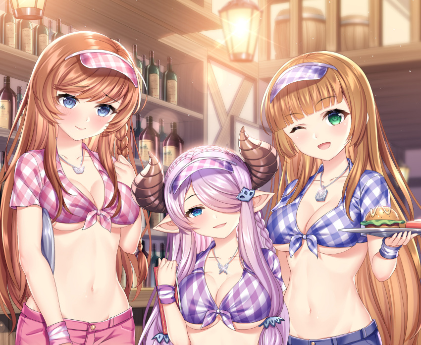 3girls :d ;d anne_(shingeki_no_bahamut) bar blue_eyes blue_shirt blue_shorts blurry bottle braid breasts brown_hair burger ceiling_light cleavage close-up closed_mouth collarbone collared_shirt crop_top depth_of_field draph food french_braid front-tie_top granblue_fantasy green_eyes hair_over_one_eye hand_up head_tilt height_difference highres holding horns indoors jewelry large_breasts lecia_(granblue_fantasy) long_hair looking_at_viewer medium_breasts midriff multiple_girls narmaya_(granblue_fantasy) navel necklace one_eye_closed open_mouth pink_hair pink_shirt pink_shorts plaid plaid_shirt pointy_ears purple_shirt revealing_clothes sannio shingeki_no_bahamut shirt short_sleeves shorts sidelocks smile stomach sweatband tray underboob upper_body very_long_hair visor_cap