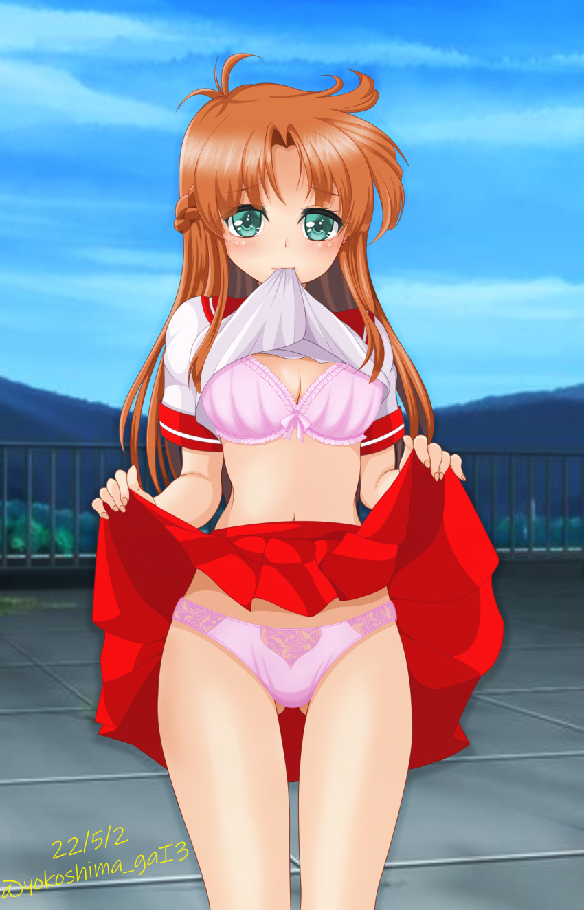 1girl amatsuka_seina blue_sky blush bra brown_hair clothes_pull gals_panic_s2 green_eyes half_updo highres kaneko_seisakusho lace-trimmed_bra lace-trimmed_panties lace_trim light_smile long_hair looking_at_viewer mahjong mountain neckerchief night open_clothes open_skirt panties pantyshot parted_bangs pink_bra pink_panties red_sailor_collar red_skirt rooftop sailor_collar scenery school school_uniform shirt_pull short_sleeves shy skirt sky socks strip_game strip_mahjong underwear vs_mahjong_otome_ryouran white_socks yellow_neckerchief yokoshima_gai3