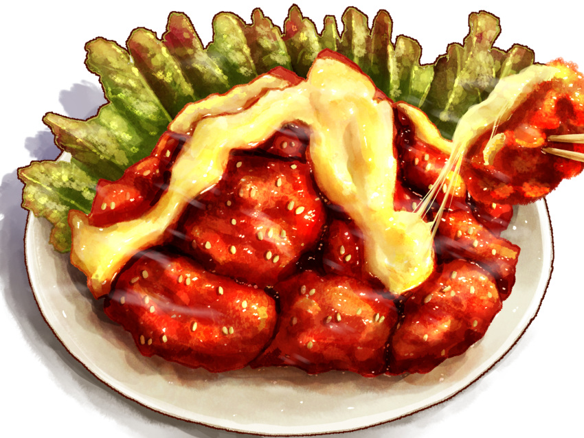 chicken_(food) food food_focus highres kaneko_ryou meat no_humans original plate sauce simple_background still_life white_background