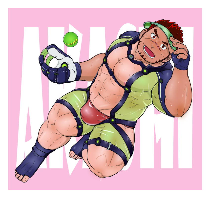 1boy abs absurdres akashi_(live_a_hero) akashi_(water_bullet)_(live_a_hero) bara bare_pectorals baseball_(object) baseball_mitt bodysuit bulge diving_suit facial_hair goatee green_bodysuit green_male_swimwear highres hip_vent large_pectorals live_a_hero long_sideburns looking_at_viewer male_focus male_swimwear midair muscular muscular_male navel official_alternate_costume pectorals red_eyes red_hair red_male_swimwear scar scar_on_face scar_on_nose short_hair sideburns smile solo swim_briefs thick_eyebrows tunataro_(27taro1) wetsuit