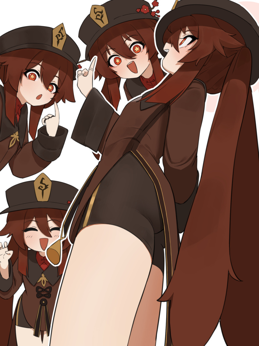 1girl :d :o ^_^ ass bike_shorts black_headwear black_shorts brown_coat closed_eyes coat commentary_request cowboy_shot flasso flower flower-shaped_pupils from_side genshin_impact hands_up hat hat_flower highres hu_tao_(genshin_impact) index_finger_raised jewelry long_hair long_sleeves looking_at_viewer multiple_rings multiple_views open_mouth plum_blossoms red_eyes red_flower ring shorts smile symbol-shaped_pupils twintails very_long_hair