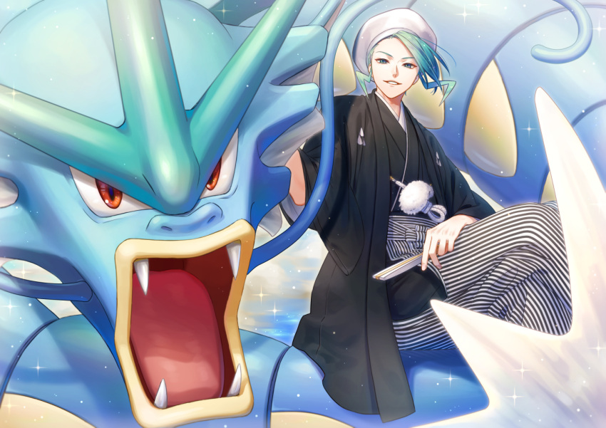 1boy alternate_costume black_haori black_kimono commentary_request crossed_legs green_hair gyarados hakama hakama_pants hand_fan haori hat holding holding_fan japanese_clothes kimono looking_at_viewer male_focus noshigi_(nosi_gi) pants pokemon pokemon_(creature) pokemon_rse sitting smile wallace_(pokemon) white_headwear