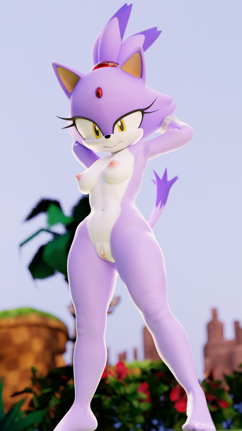 2024 3d_(artwork) anthro areola black_nose blaze_the_cat breasts digital_media_(artwork) domestic_cat eyelashes felid feline felis female genitals hi_res looking_at_viewer mammal nipples pussy sega solo sonic_the_hedgehog_(series) twintails3d yellow_eyes