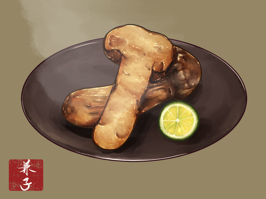 food food_focus fruit green_background highres kaneko_ryou lime_(fruit) lime_slice matsutake_(mushroom) no_humans original plate simple_background steam still_life